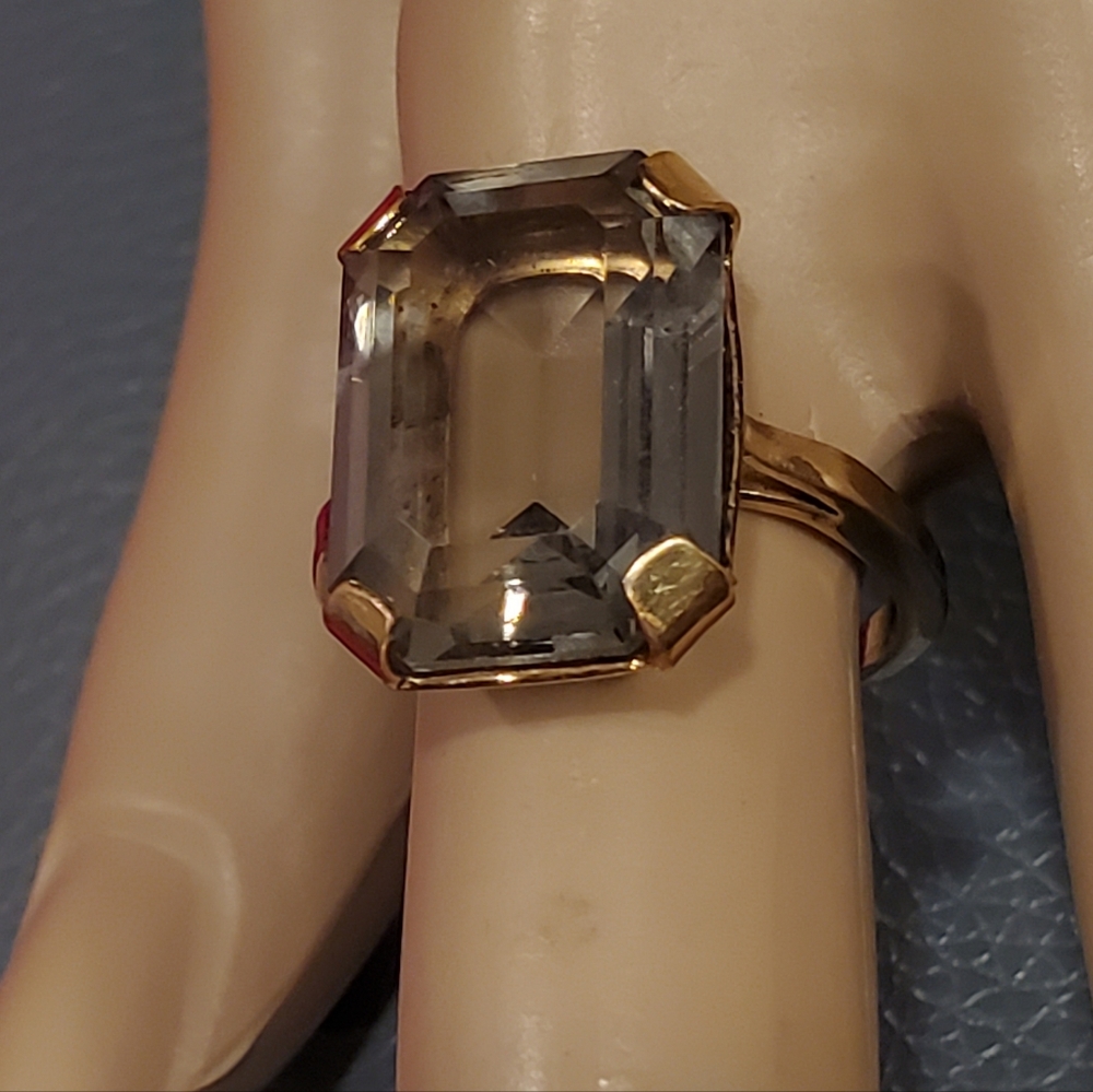 14k Gold Filled Ring Size 9 Emerald Cut Large Topaz Stone Vintage